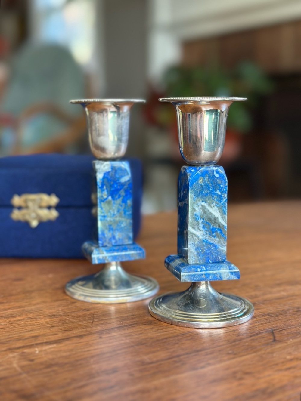 Vintage Blue Lapis Lazuli Column Candlestick Pair with Silver Accents